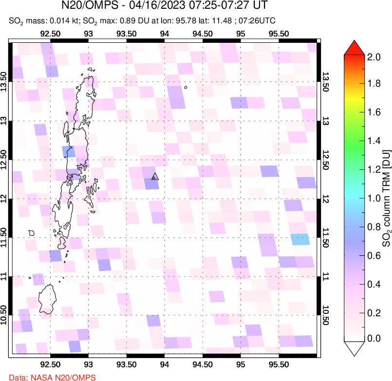 A sulfur dioxide image over Andaman Islands, Indian Ocean on Apr 16, 2023.