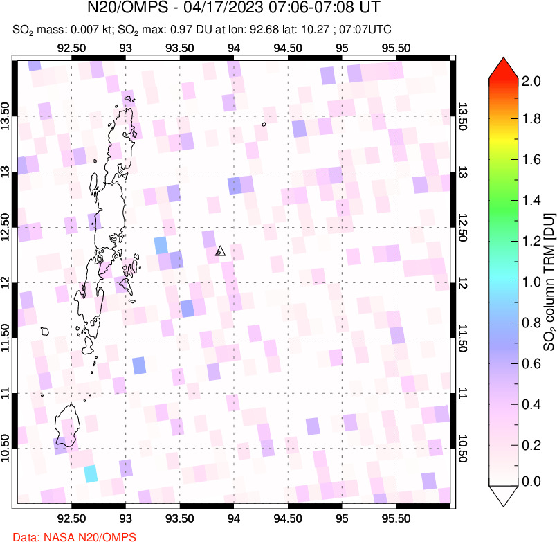 A sulfur dioxide image over Andaman Islands, Indian Ocean on Apr 17, 2023.