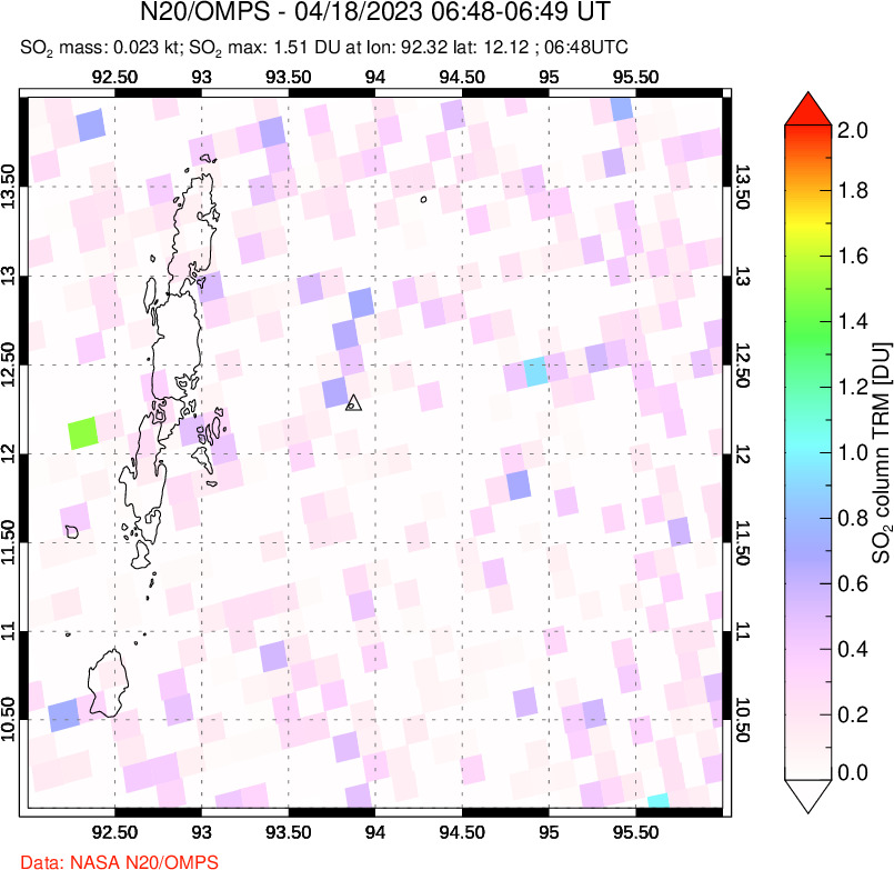 A sulfur dioxide image over Andaman Islands, Indian Ocean on Apr 18, 2023.