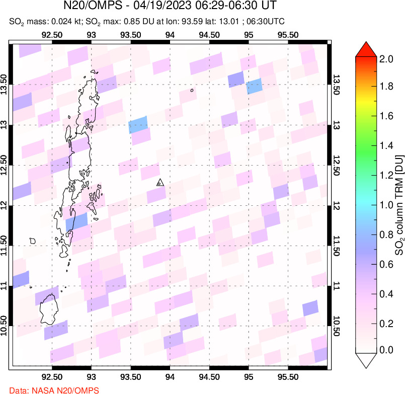 A sulfur dioxide image over Andaman Islands, Indian Ocean on Apr 19, 2023.