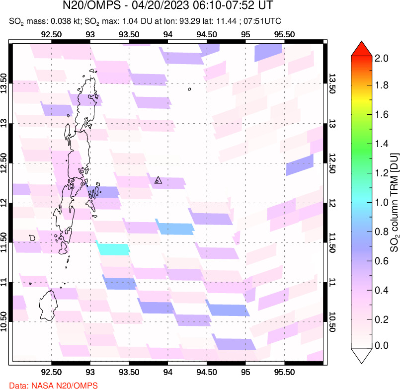 A sulfur dioxide image over Andaman Islands, Indian Ocean on Apr 20, 2023.