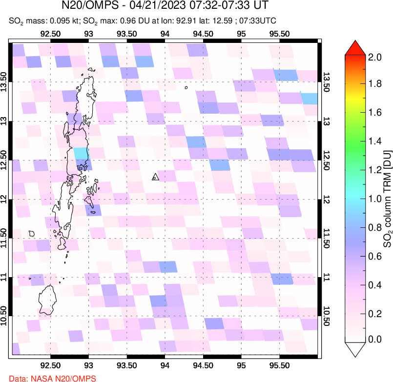 A sulfur dioxide image over Andaman Islands, Indian Ocean on Apr 21, 2023.