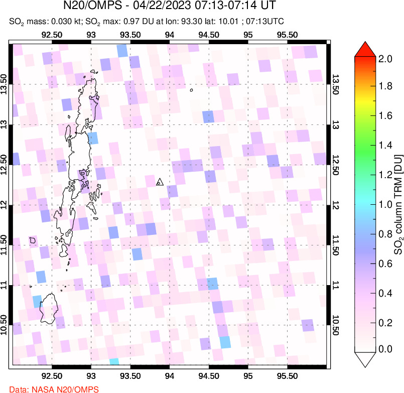 A sulfur dioxide image over Andaman Islands, Indian Ocean on Apr 22, 2023.