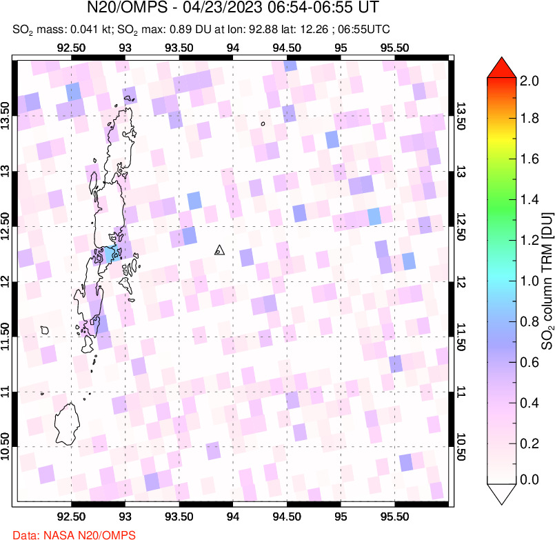 A sulfur dioxide image over Andaman Islands, Indian Ocean on Apr 23, 2023.