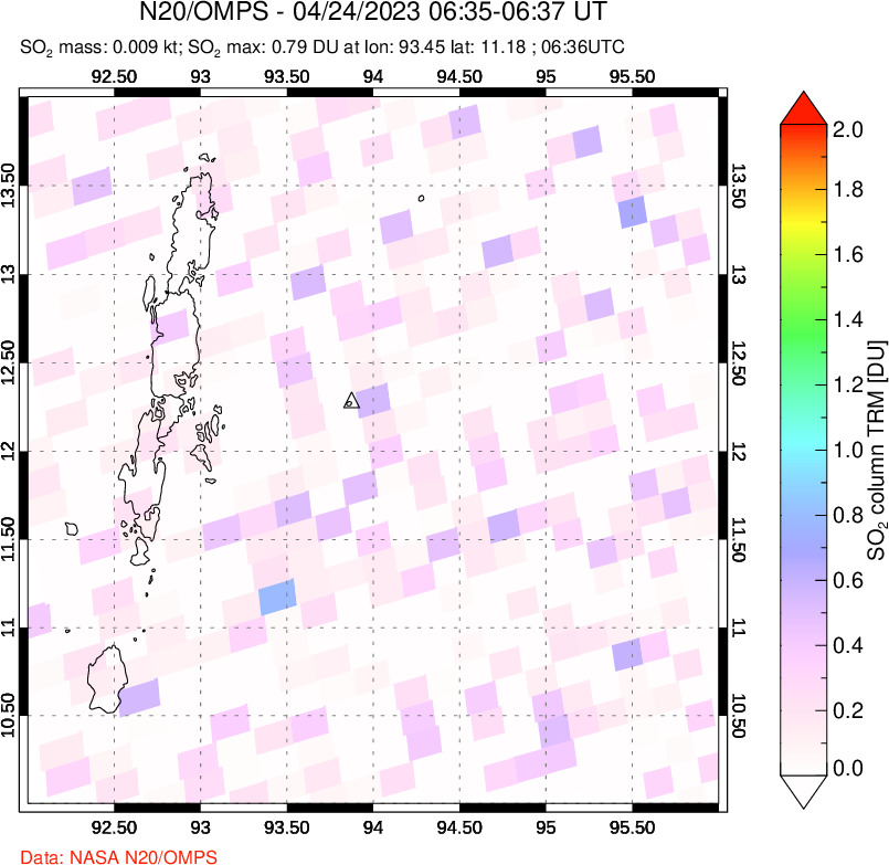 A sulfur dioxide image over Andaman Islands, Indian Ocean on Apr 24, 2023.