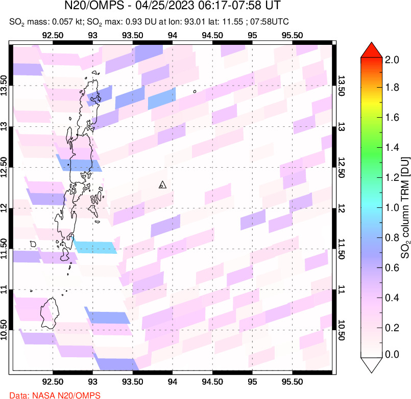 A sulfur dioxide image over Andaman Islands, Indian Ocean on Apr 25, 2023.