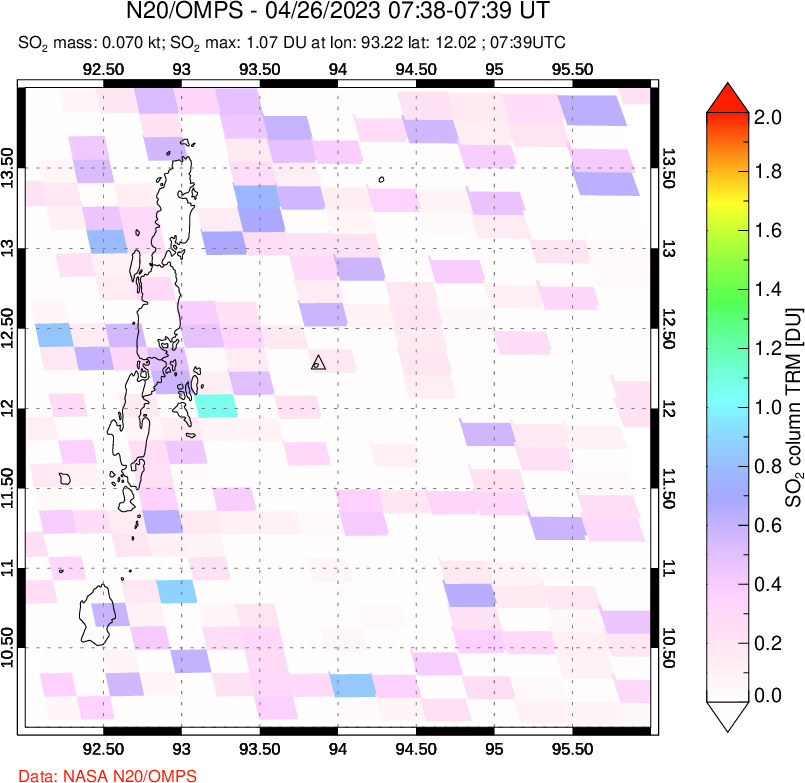 A sulfur dioxide image over Andaman Islands, Indian Ocean on Apr 26, 2023.