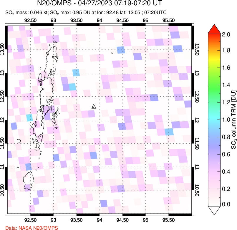 A sulfur dioxide image over Andaman Islands, Indian Ocean on Apr 27, 2023.