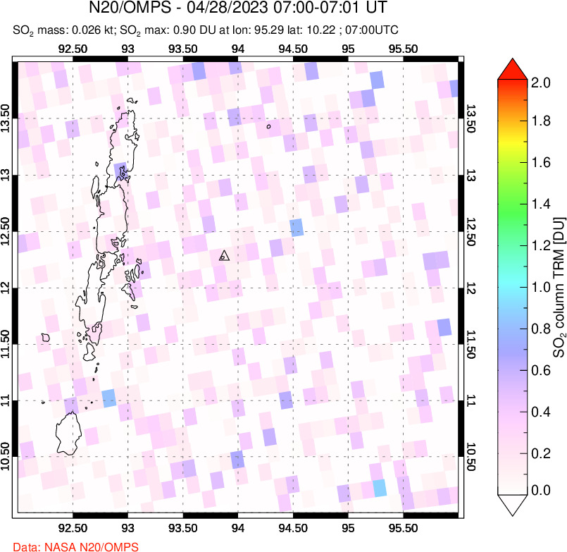 A sulfur dioxide image over Andaman Islands, Indian Ocean on Apr 28, 2023.