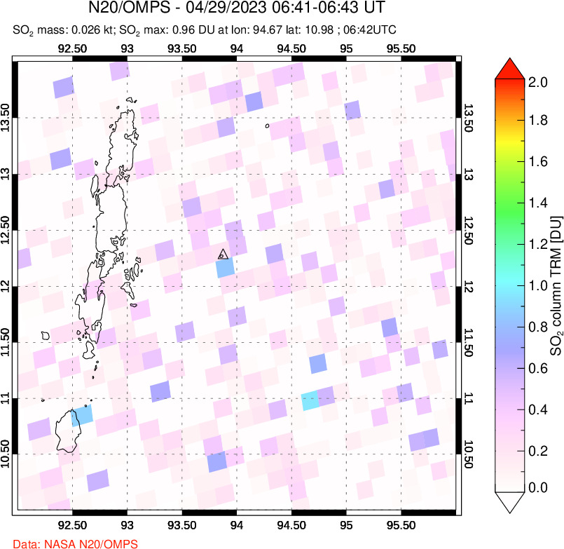 A sulfur dioxide image over Andaman Islands, Indian Ocean on Apr 29, 2023.