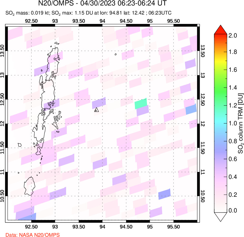 A sulfur dioxide image over Andaman Islands, Indian Ocean on Apr 30, 2023.