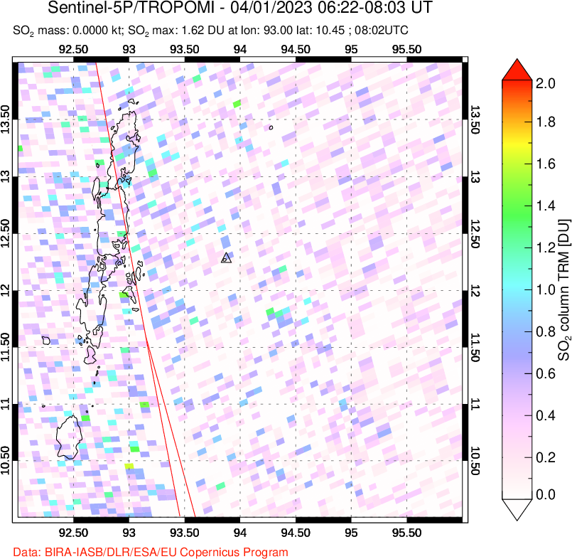 A sulfur dioxide image over Andaman Islands, Indian Ocean on Apr 01, 2023.