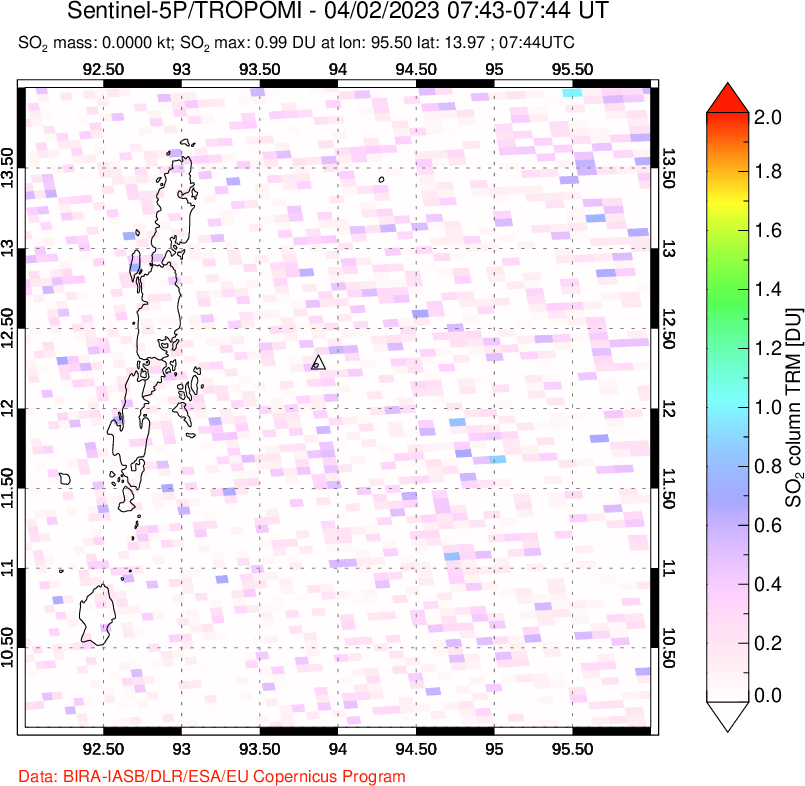 A sulfur dioxide image over Andaman Islands, Indian Ocean on Apr 02, 2023.