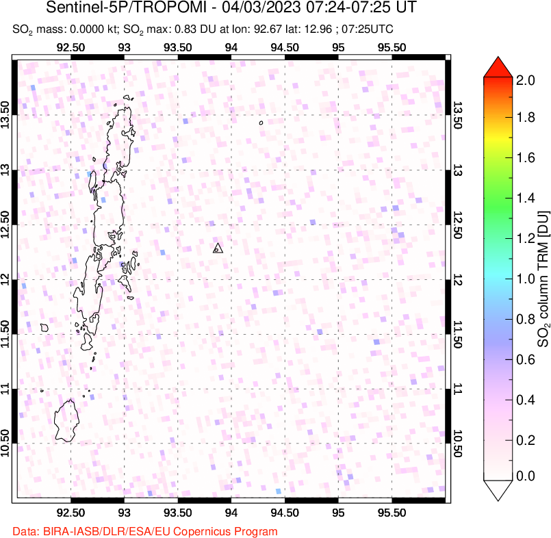 A sulfur dioxide image over Andaman Islands, Indian Ocean on Apr 03, 2023.