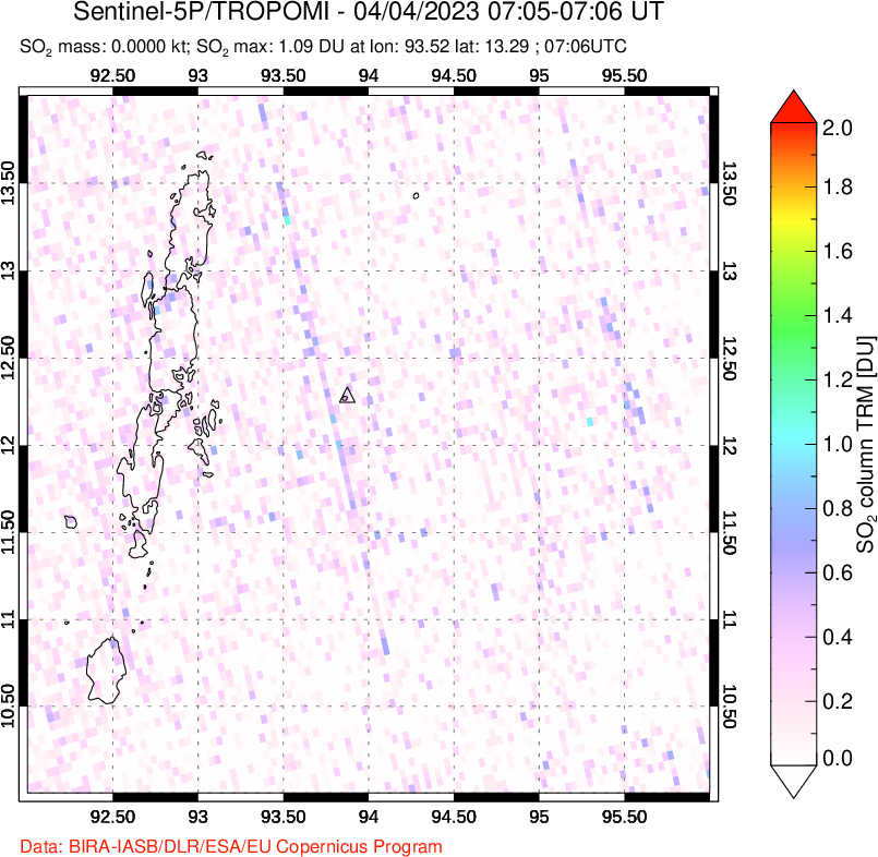 A sulfur dioxide image over Andaman Islands, Indian Ocean on Apr 04, 2023.