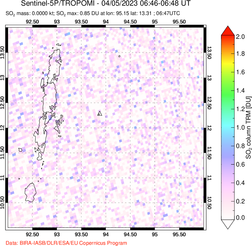 A sulfur dioxide image over Andaman Islands, Indian Ocean on Apr 05, 2023.
