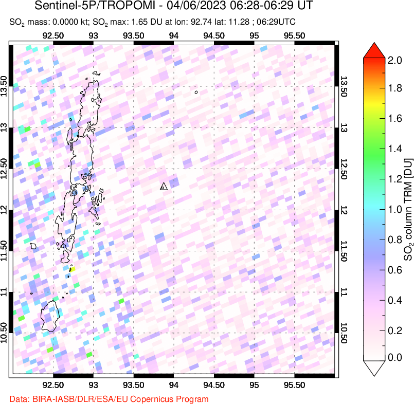 A sulfur dioxide image over Andaman Islands, Indian Ocean on Apr 06, 2023.