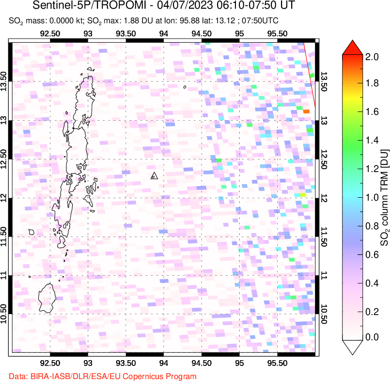 A sulfur dioxide image over Andaman Islands, Indian Ocean on Apr 07, 2023.