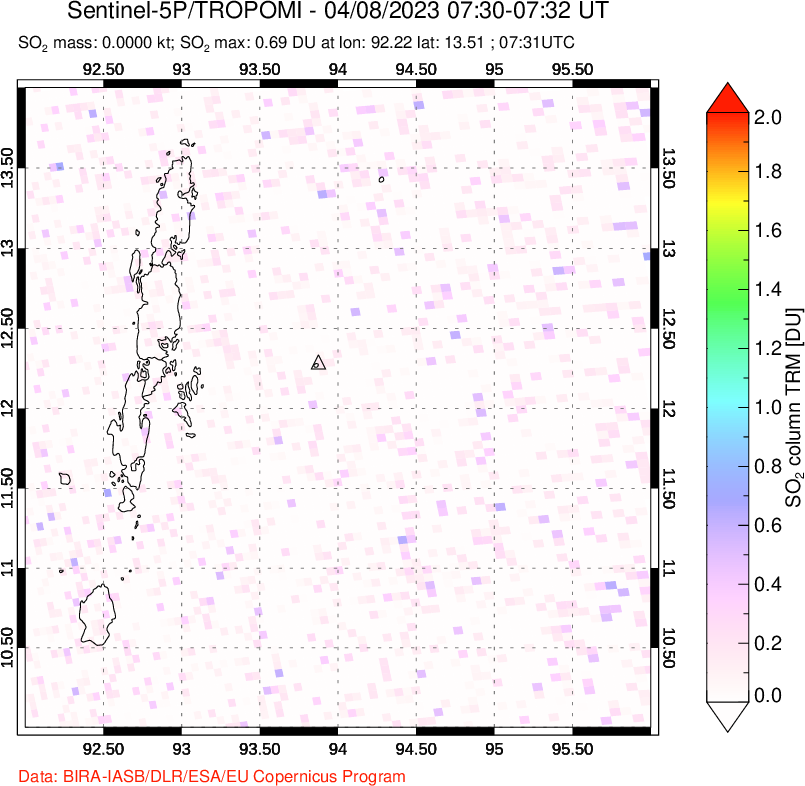 A sulfur dioxide image over Andaman Islands, Indian Ocean on Apr 08, 2023.