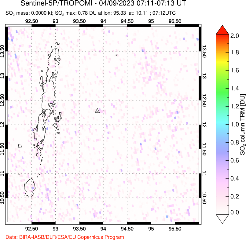 A sulfur dioxide image over Andaman Islands, Indian Ocean on Apr 09, 2023.