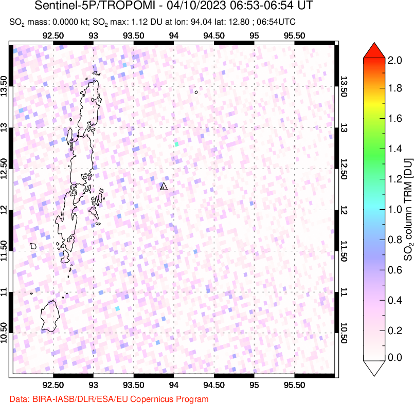 A sulfur dioxide image over Andaman Islands, Indian Ocean on Apr 10, 2023.