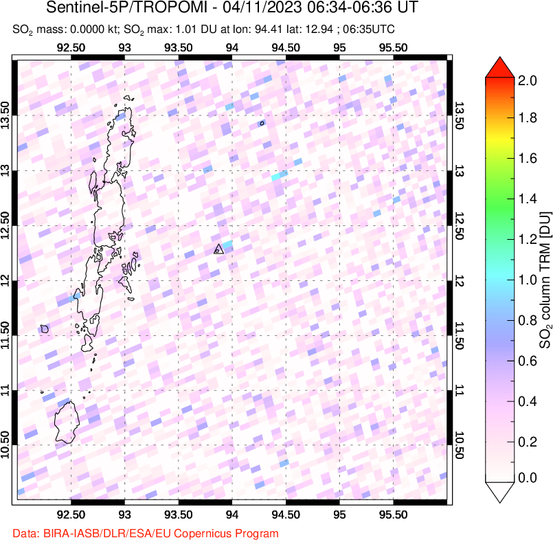 A sulfur dioxide image over Andaman Islands, Indian Ocean on Apr 11, 2023.
