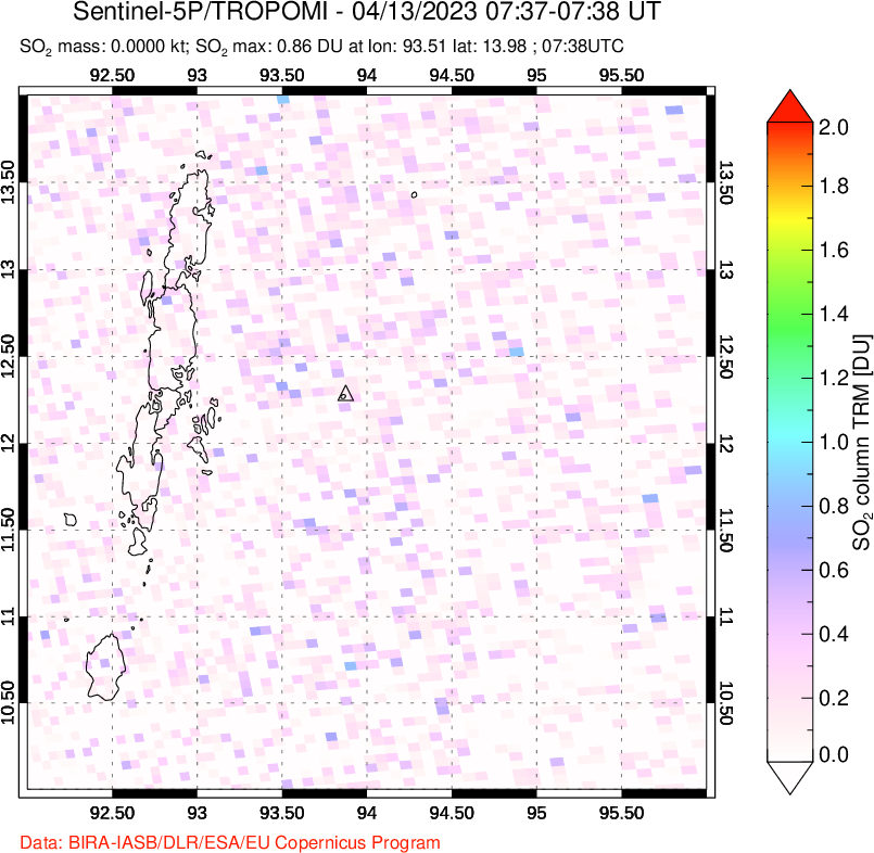A sulfur dioxide image over Andaman Islands, Indian Ocean on Apr 13, 2023.