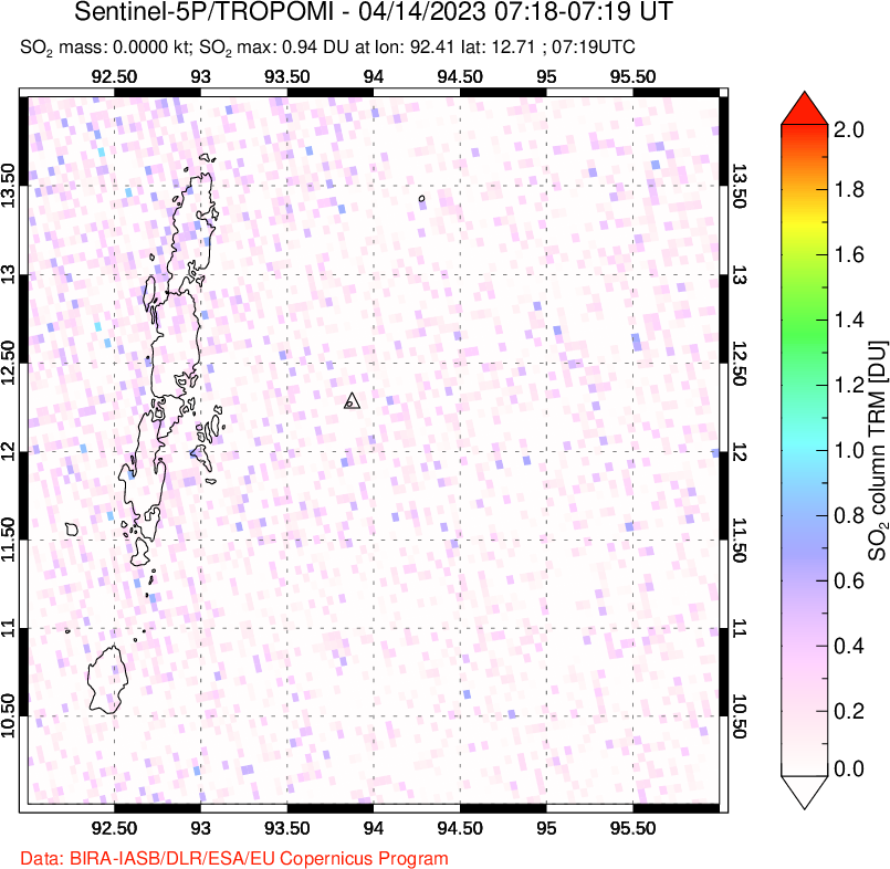 A sulfur dioxide image over Andaman Islands, Indian Ocean on Apr 14, 2023.