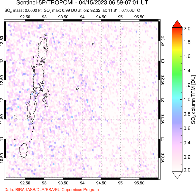 A sulfur dioxide image over Andaman Islands, Indian Ocean on Apr 15, 2023.