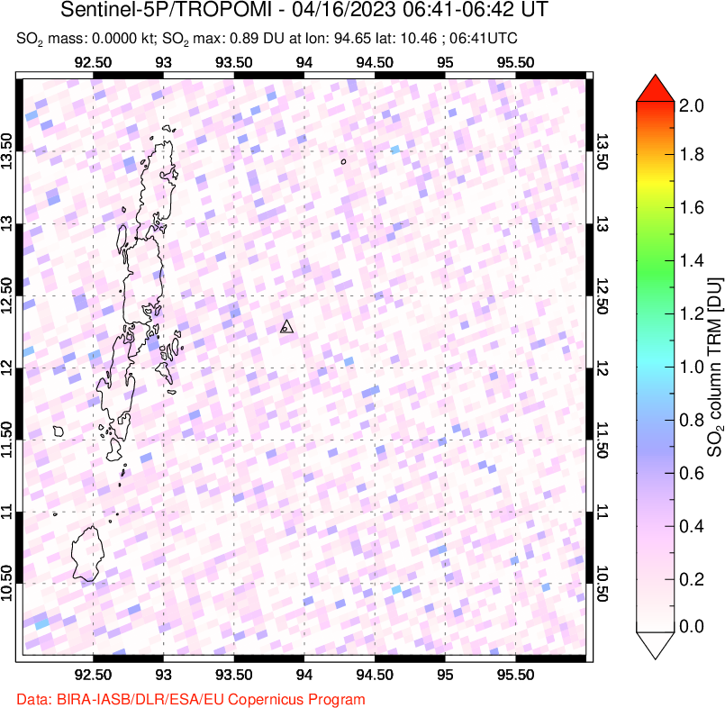 A sulfur dioxide image over Andaman Islands, Indian Ocean on Apr 16, 2023.