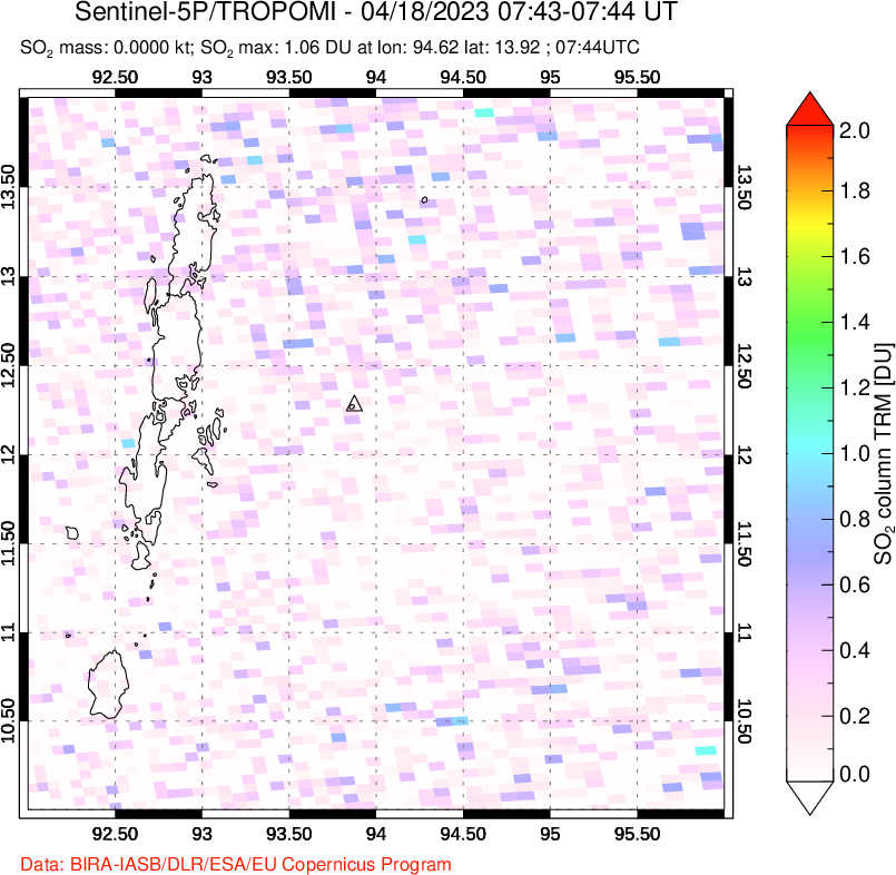 A sulfur dioxide image over Andaman Islands, Indian Ocean on Apr 18, 2023.