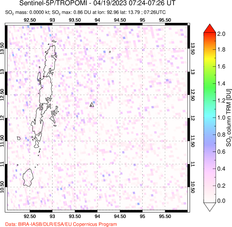 A sulfur dioxide image over Andaman Islands, Indian Ocean on Apr 19, 2023.