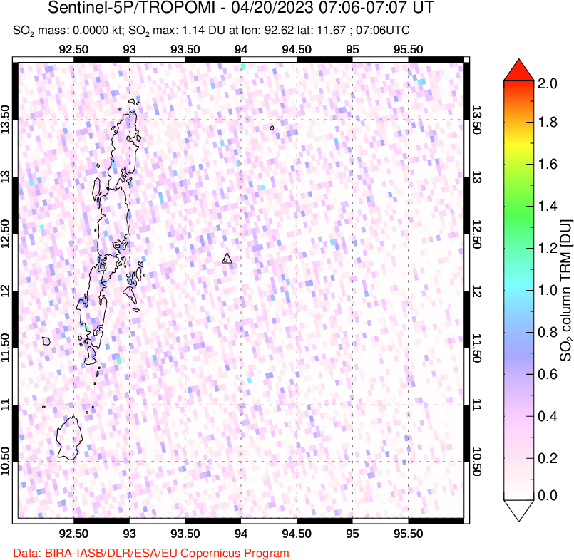 A sulfur dioxide image over Andaman Islands, Indian Ocean on Apr 20, 2023.