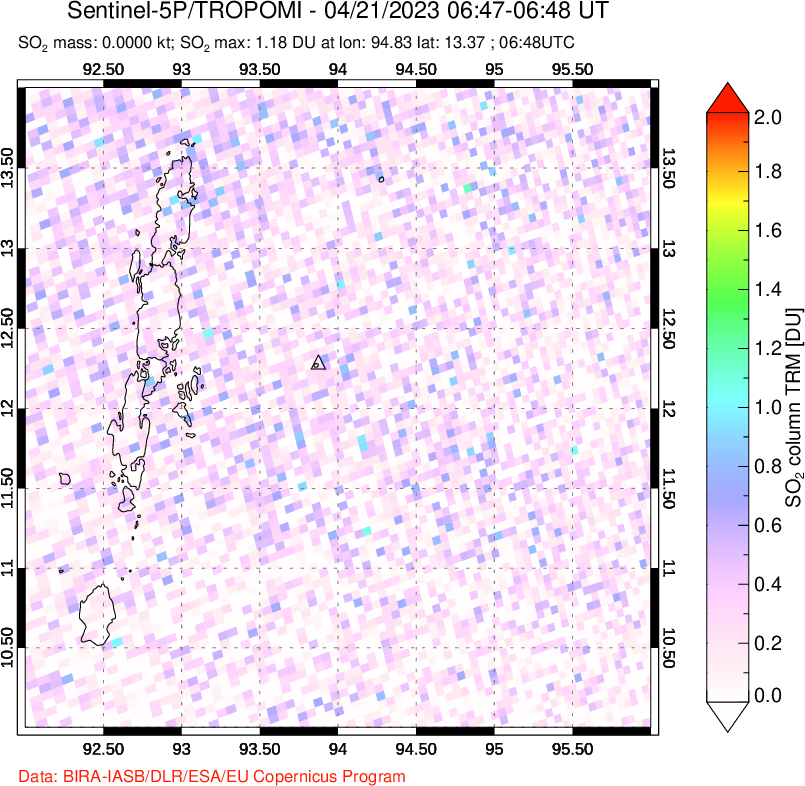 A sulfur dioxide image over Andaman Islands, Indian Ocean on Apr 21, 2023.
