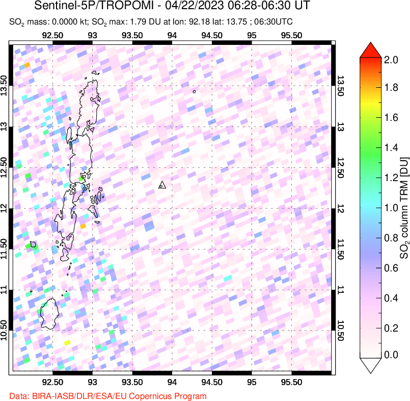 A sulfur dioxide image over Andaman Islands, Indian Ocean on Apr 22, 2023.