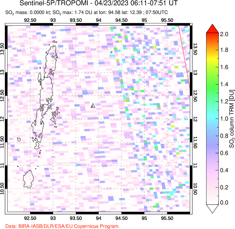A sulfur dioxide image over Andaman Islands, Indian Ocean on Apr 23, 2023.