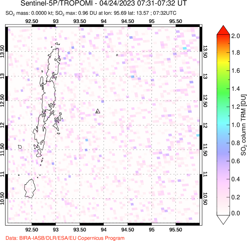 A sulfur dioxide image over Andaman Islands, Indian Ocean on Apr 24, 2023.