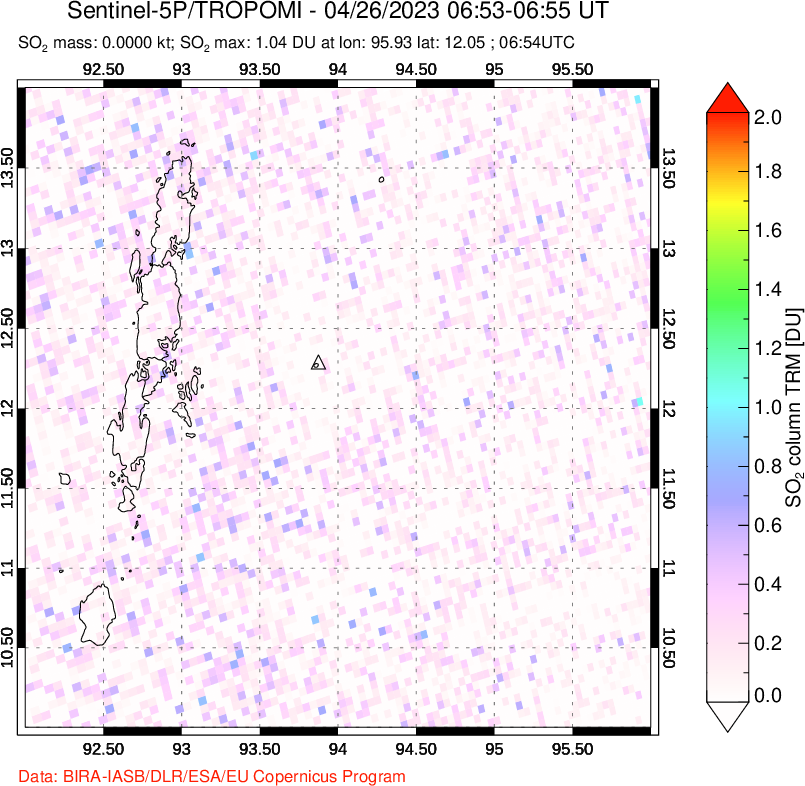 A sulfur dioxide image over Andaman Islands, Indian Ocean on Apr 26, 2023.