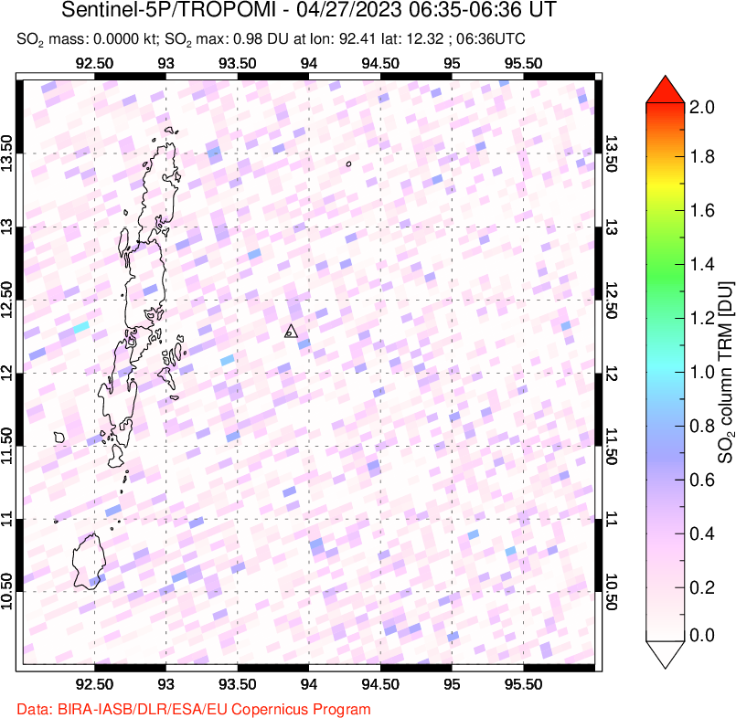 A sulfur dioxide image over Andaman Islands, Indian Ocean on Apr 27, 2023.