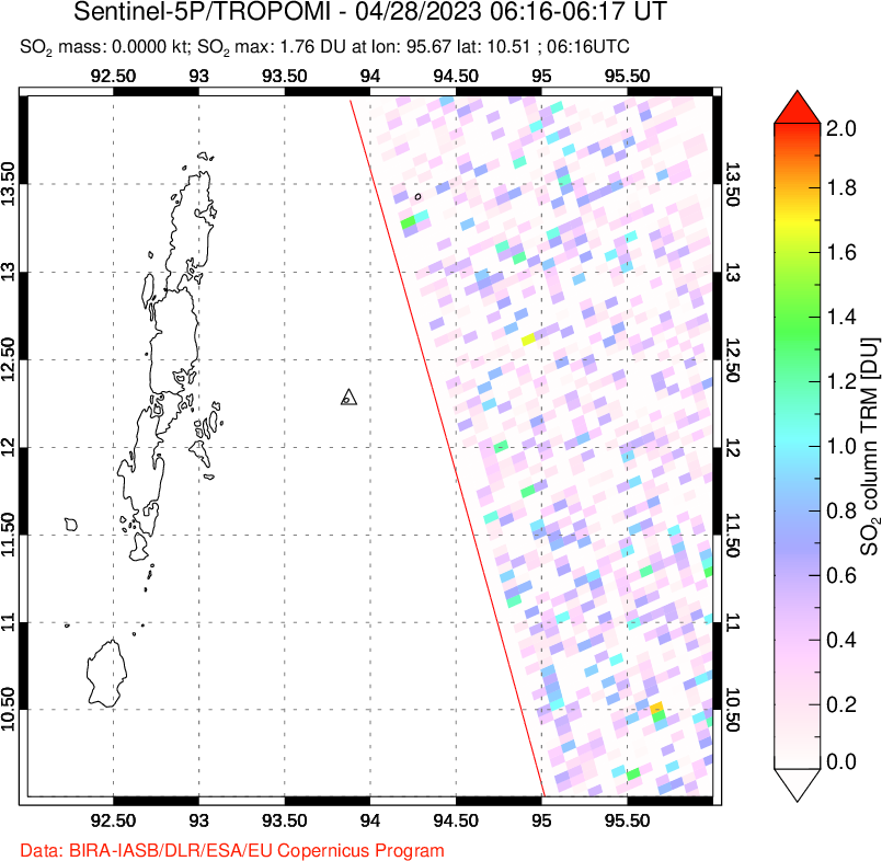 A sulfur dioxide image over Andaman Islands, Indian Ocean on Apr 28, 2023.