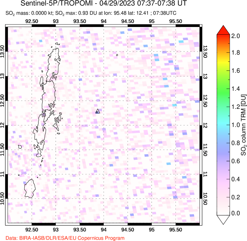 A sulfur dioxide image over Andaman Islands, Indian Ocean on Apr 29, 2023.
