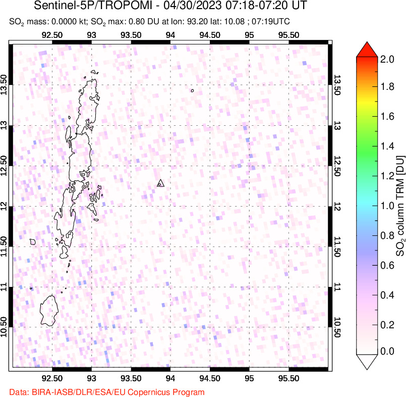 A sulfur dioxide image over Andaman Islands, Indian Ocean on Apr 30, 2023.