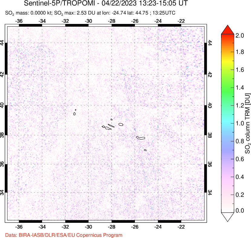 A sulfur dioxide image over Azore Islands, Portugal on Apr 22, 2023.