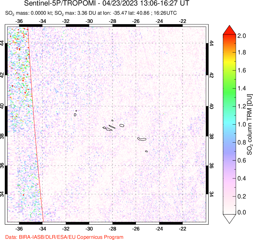 A sulfur dioxide image over Azore Islands, Portugal on Apr 23, 2023.