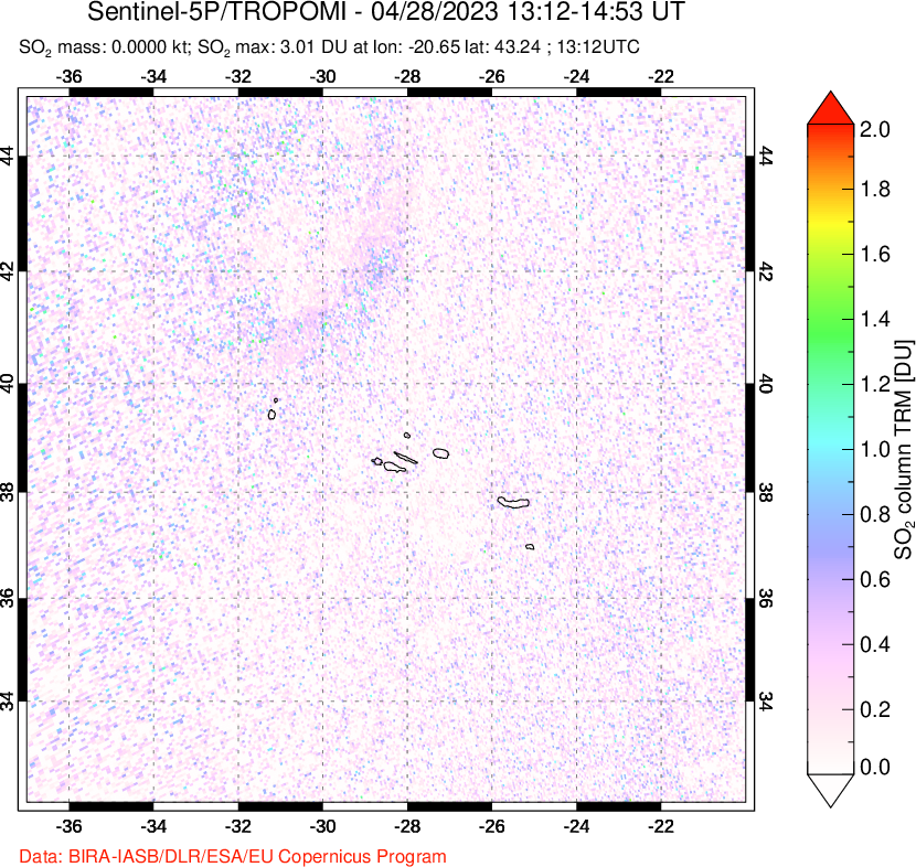 A sulfur dioxide image over Azore Islands, Portugal on Apr 28, 2023.