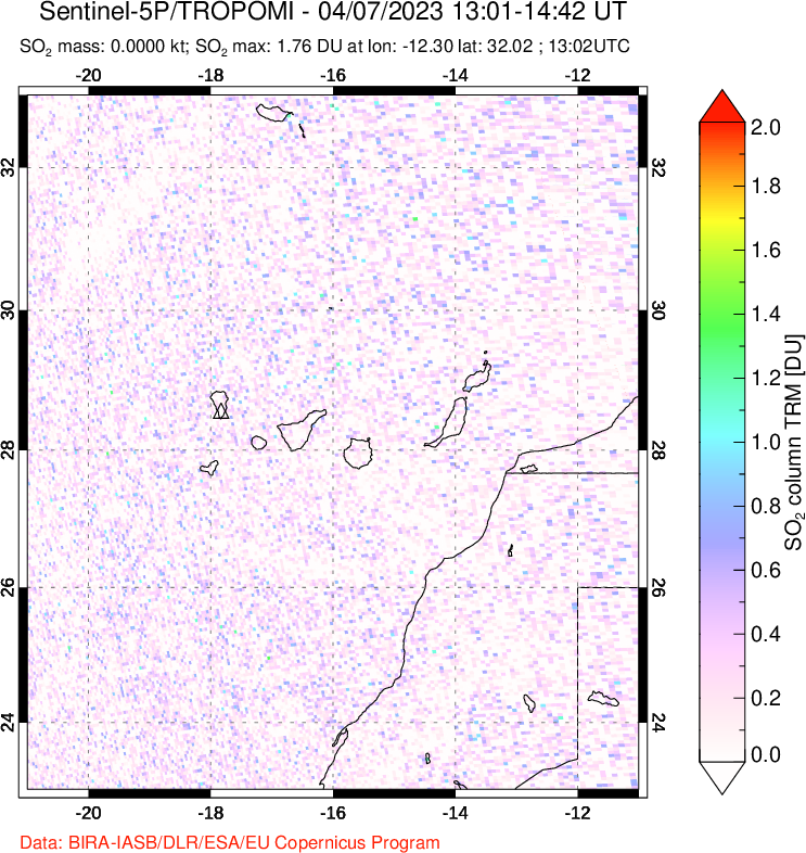 A sulfur dioxide image over Canary Islands on Apr 07, 2023.
