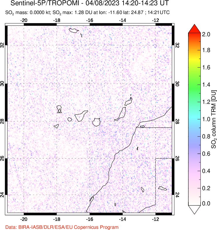 A sulfur dioxide image over Canary Islands on Apr 08, 2023.