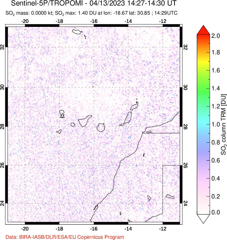 A sulfur dioxide image over Canary Islands on Apr 13, 2023.