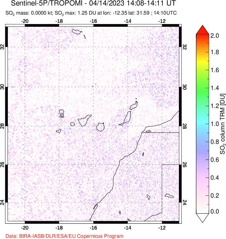 A sulfur dioxide image over Canary Islands on Apr 14, 2023.