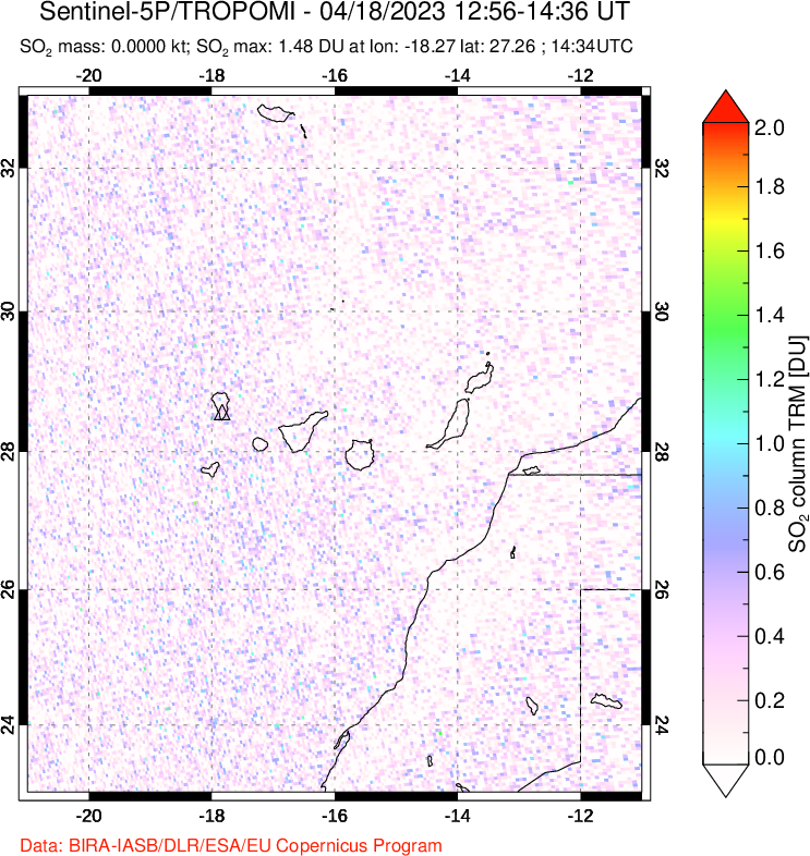 A sulfur dioxide image over Canary Islands on Apr 18, 2023.